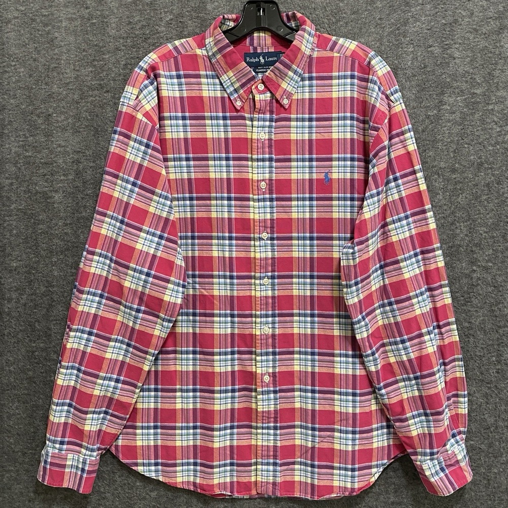VTG Polo Ralph Lauren Oxford Shirt Mens XXL Pink Plaid Button‎ Down Classic 90s